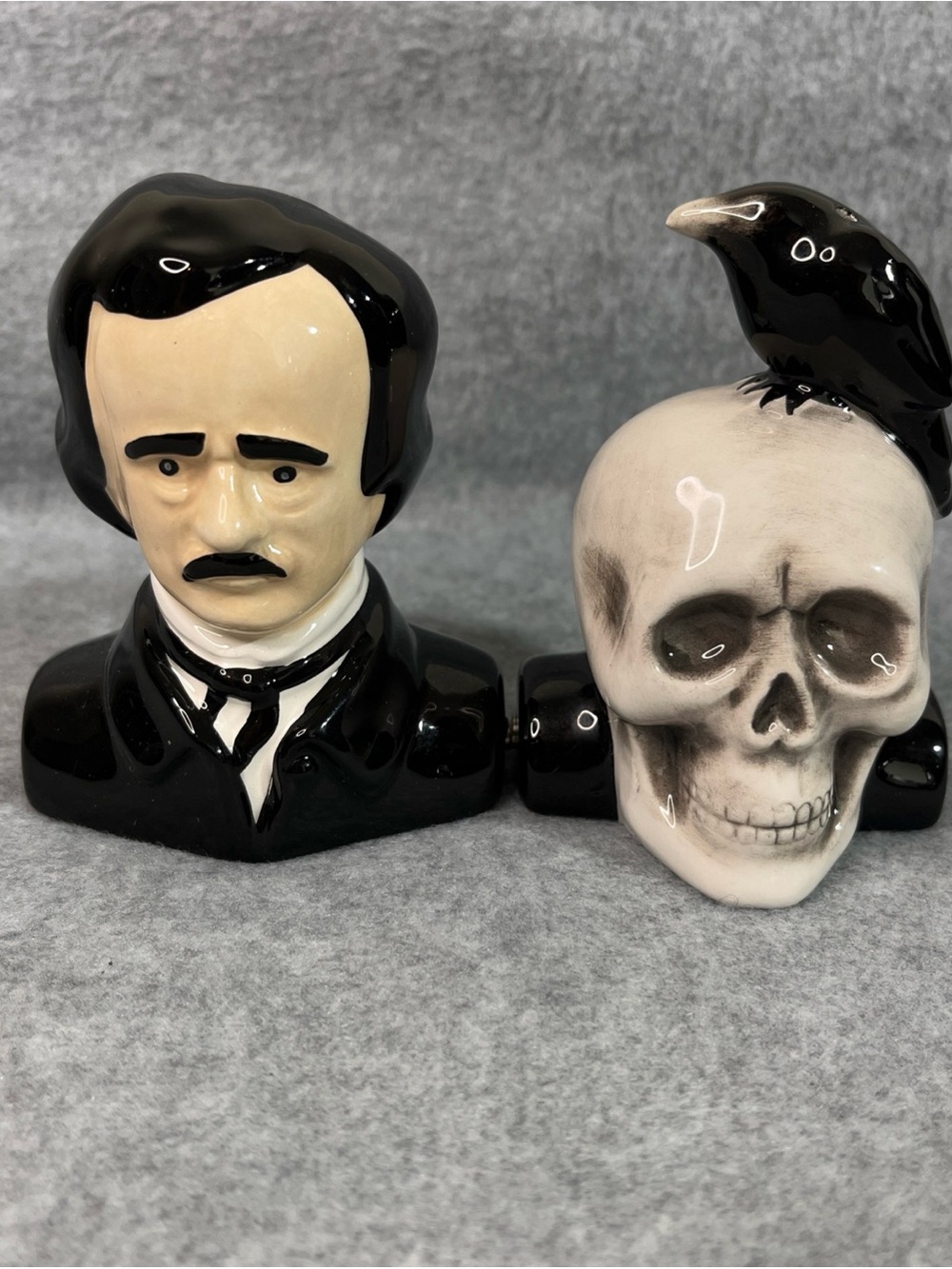 Ceramic Edgar Allen Poe And Nevermore Raven On Skull Salt And Pepper Shakers Set
